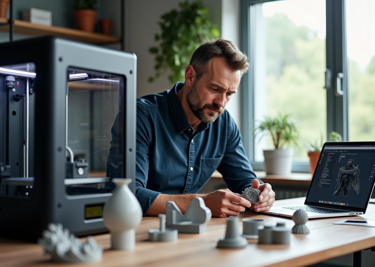 Предприниматель в российской мастерской держит в руках 3D напечатанную деталь на фоне работающего 3D принтера и ноутбука с CAD