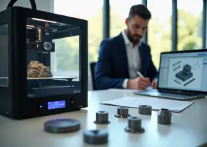 Рабочая поверхность с работающим настольным 3D‑принтером, отпечатанными образцами, распечатанным словарём терминов и бизнесменом, осматривающим детали