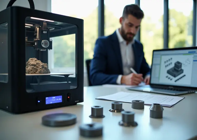 Рабочая поверхность с работающим настольным 3D‑принтером, отпечатанными образцами, распечатанным словарём терминов и бизнесменом, осматривающим детали