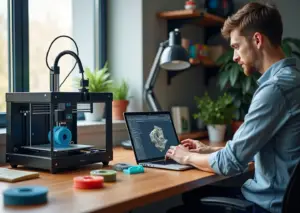 Современная небольшая мастерская с настольным 3D-принтером, деталями на верстаке и предпринимателем, просматривающим CAD на ноутбуке; виден филамент, средства безопасности и надпись «3D печать для бизнеса».