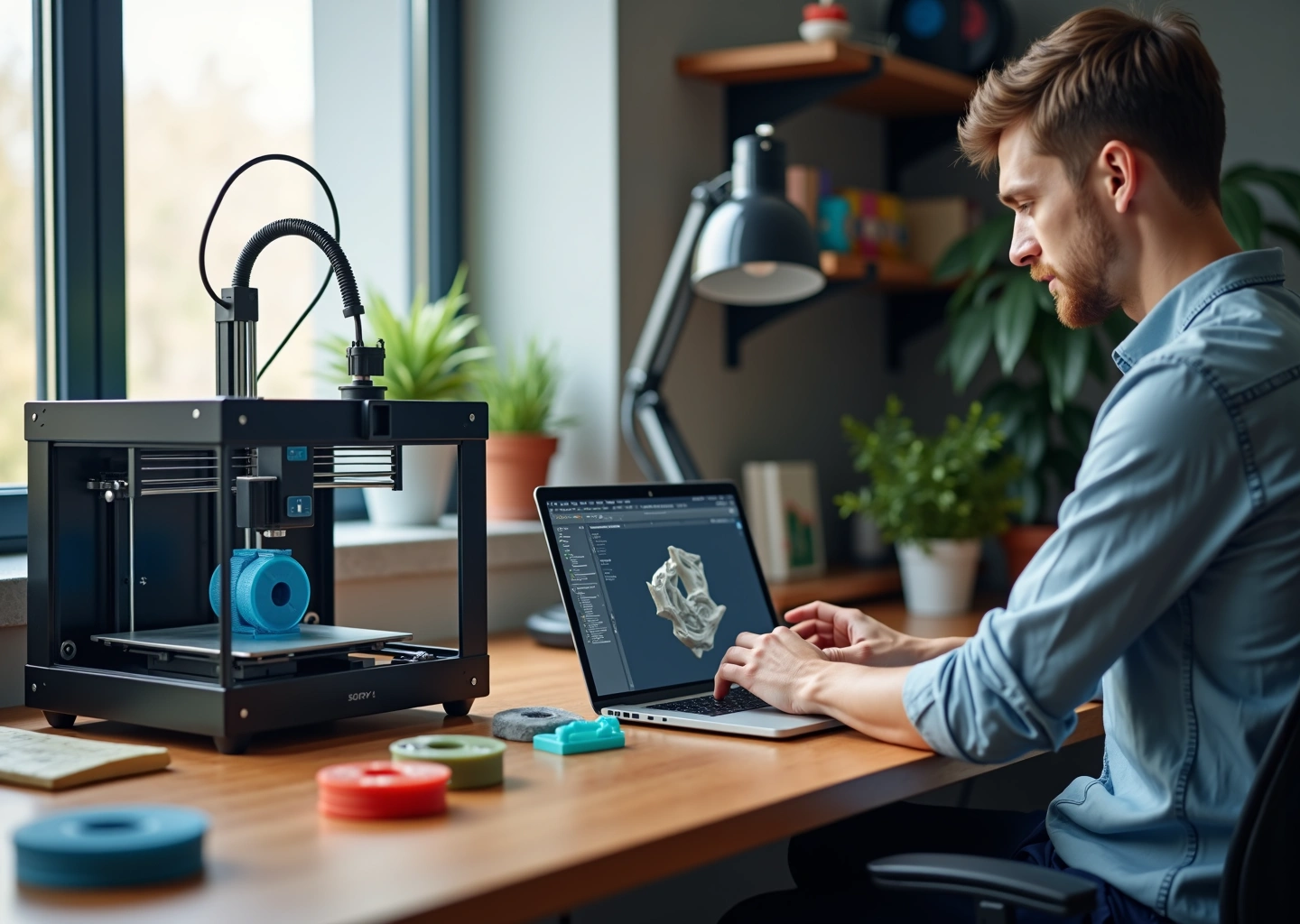 Современная небольшая мастерская с настольным 3D-принтером, деталями на верстаке и предпринимателем, просматривающим CAD на ноутбуке; виден филамент, средства безопасности и надпись «3D печать для бизнеса».