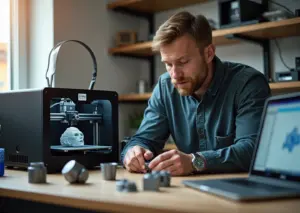 Фотореалистичное изображение мастерской малого бизнеса: настольный FDM-принтер печатает деталь, рядом SLA-принтер с фигуркой, металлические детали на столе, ноутбук с 3D-моделью, предприниматель осматривает прототип