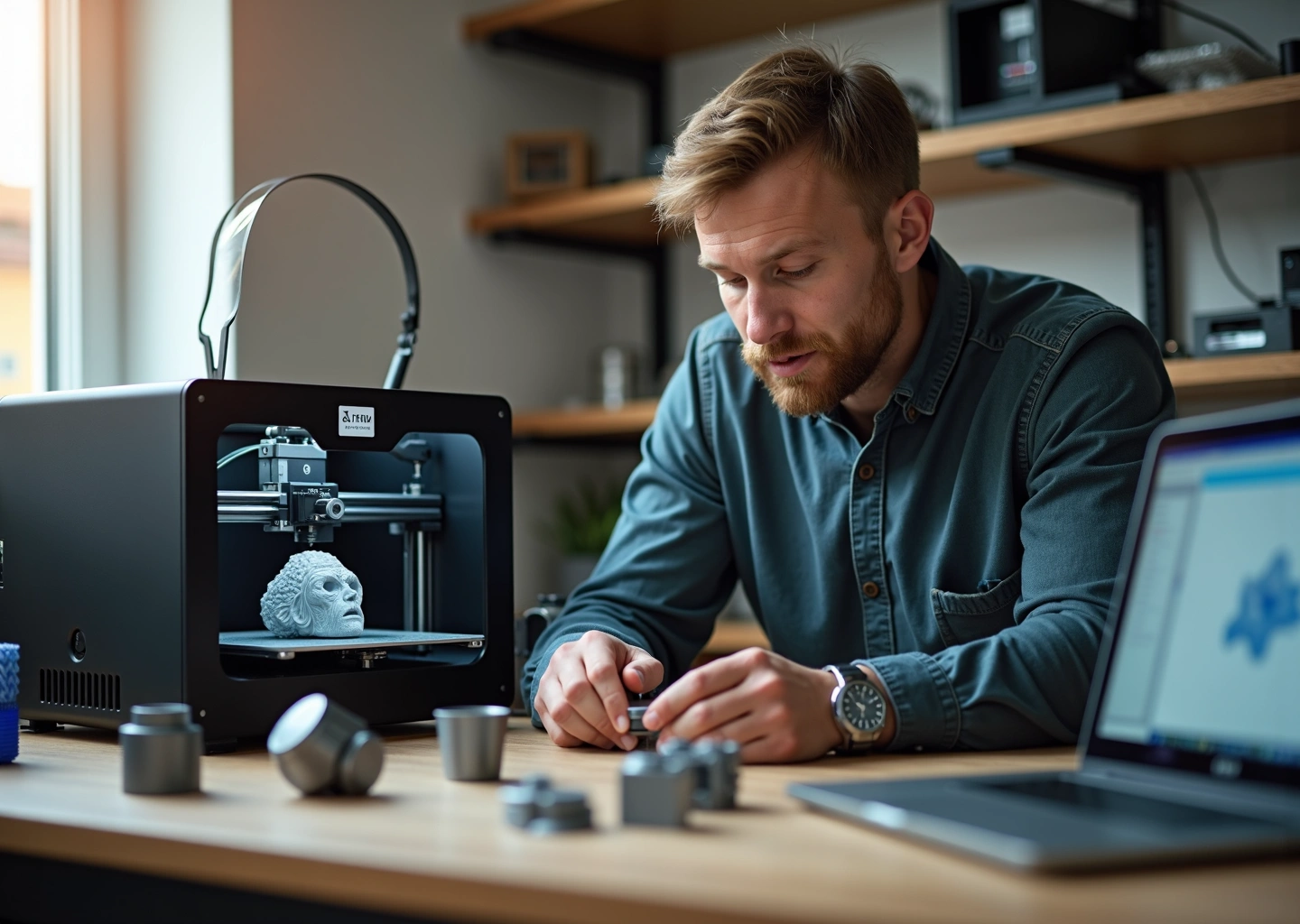 Фотореалистичное изображение мастерской малого бизнеса: настольный FDM-принтер печатает деталь, рядом SLA-принтер с фигуркой, металлические детали на столе, ноутбук с 3D-моделью, предприниматель осматривает прототип