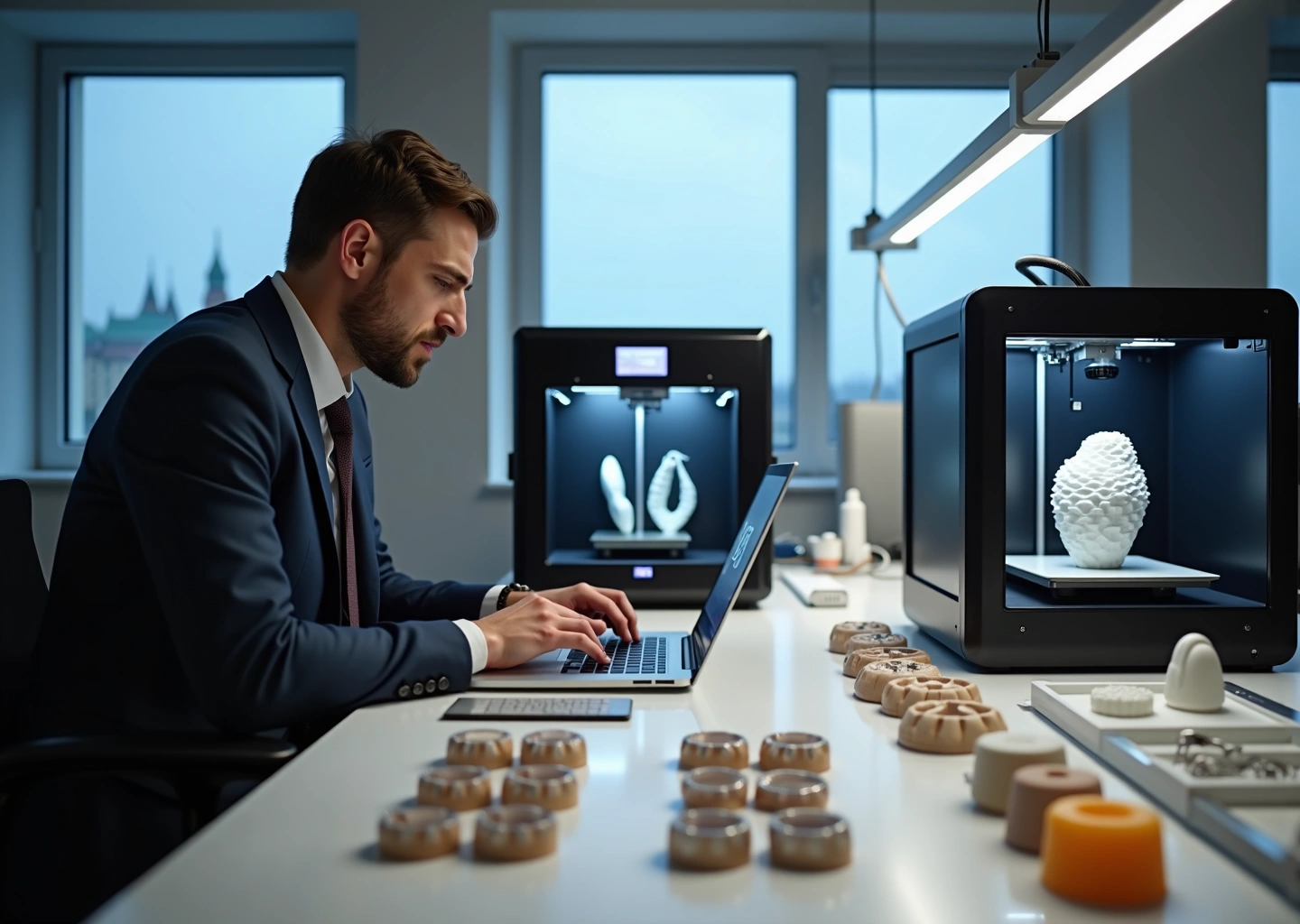Современная мастерская малого бизнеса в России с 3D‑принтером, ноутбуком и образцами напечатанных деталей на столе