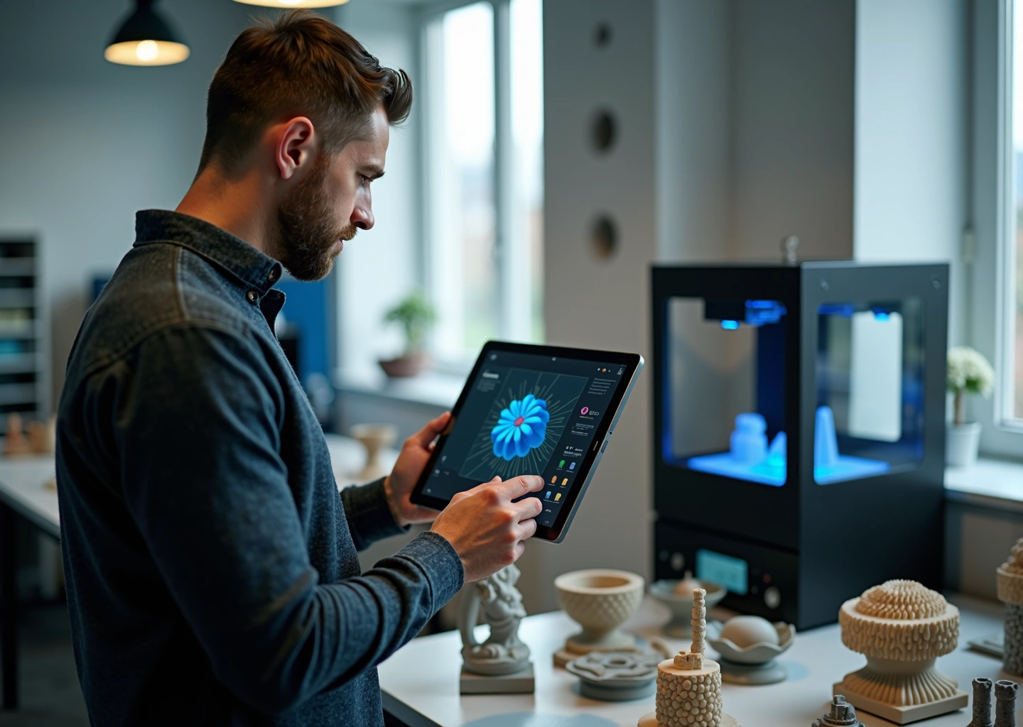 Малый производственный цех с 3D принтерами разных технологий, предприниматель с планшетом и напечатанными образцами