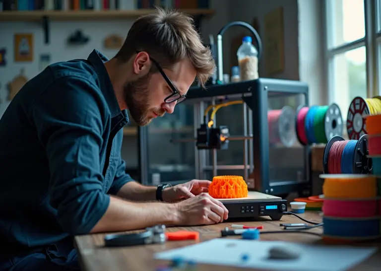 Мастерская с 3D‑принтерами и оператором проверяющим первый слой, на столе успешные и бракованные детали, катушки филамента и инструменты