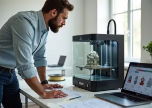 Малый бизнес: 3D‑принтер печатает прототип, ноутбук с площадкой 3D‑моделей и чек‑лист лицензий на столе