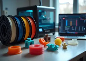 Катушки PLA, ABS, PETG и ASA рядом с напечатанными образцами и рабочим FDM принтером на столе малого производства