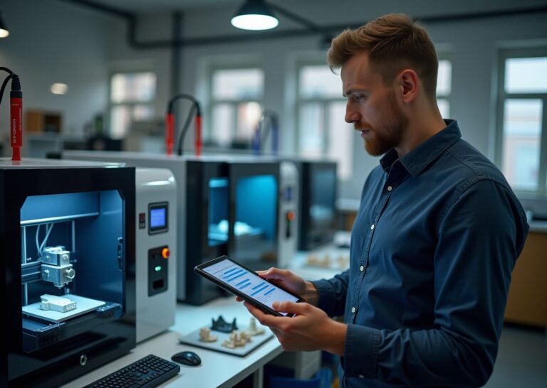 Небольшая мастерская с тремя типами 3D‑принтеров (FDM, SLA/DLP, SLS), готовые образцы деталей и владелец бизнеса с планшетом, демонстрирующий интеграцию 3D печати в производство