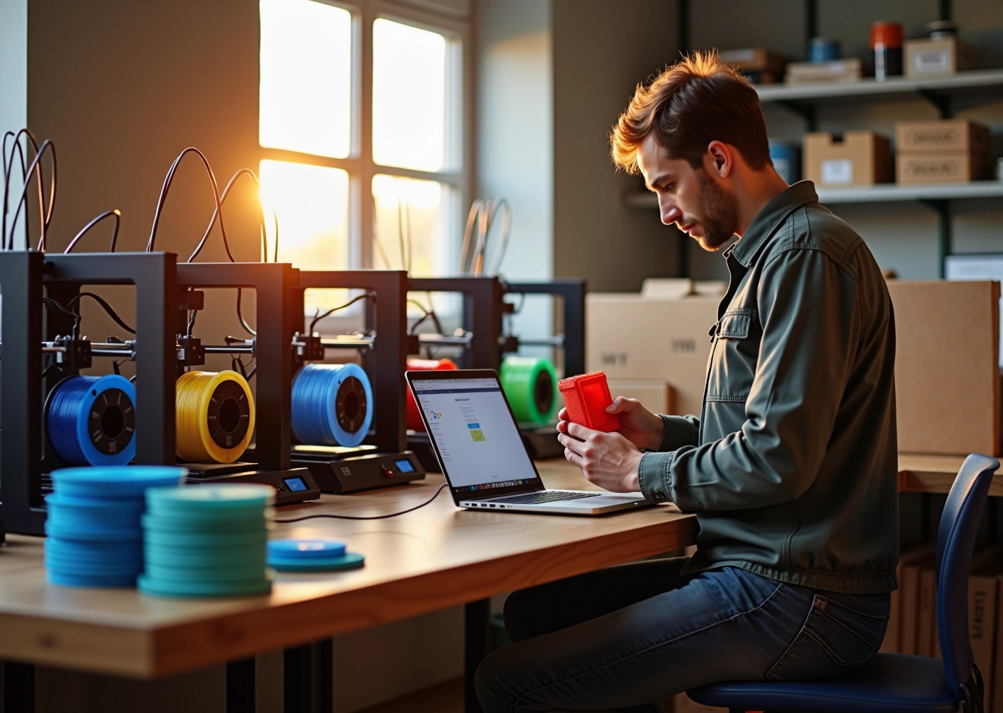 Мастерская малого бизнеса с несколькими недорогими FDM 3D‑принтерами, оператор проверяет свежую печать, катушки филамента и ноутбук с слайсером на столе
