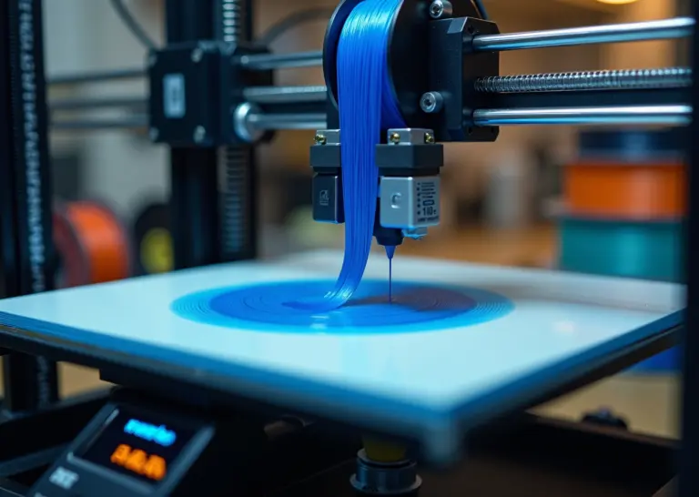 Крупный план экструдера, сопла и нагретого стола 3D‑принтера в мастерской с инструментами и запасными катушками филамента