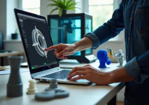 Мастерская малого бизнеса: предприниматель с ноутбуком показывает 3D модель, на столе напечатанные прототипы и два 3D принтера