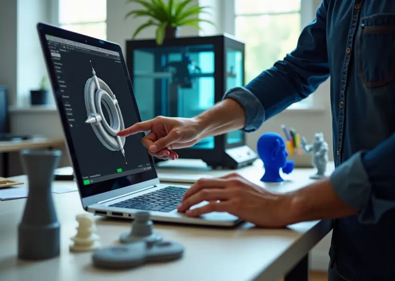 Мастерская малого бизнеса: предприниматель с ноутбуком показывает 3D модель, на столе напечатанные прототипы и два 3D принтера