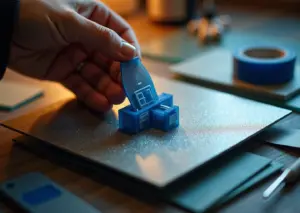 Фотография: рабочий стол FDM принтера с прилипшей моделью, гибкой магнитной подложкой, шпателем и образцами покрытий стола, иллюстрирующая процессы прилипания и снятия деталей