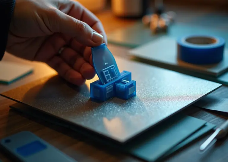 Фотография: рабочий стол FDM принтера с прилипшей моделью, гибкой магнитной подложкой, шпателем и образцами покрытий стола, иллюстрирующая процессы прилипания и снятия деталей