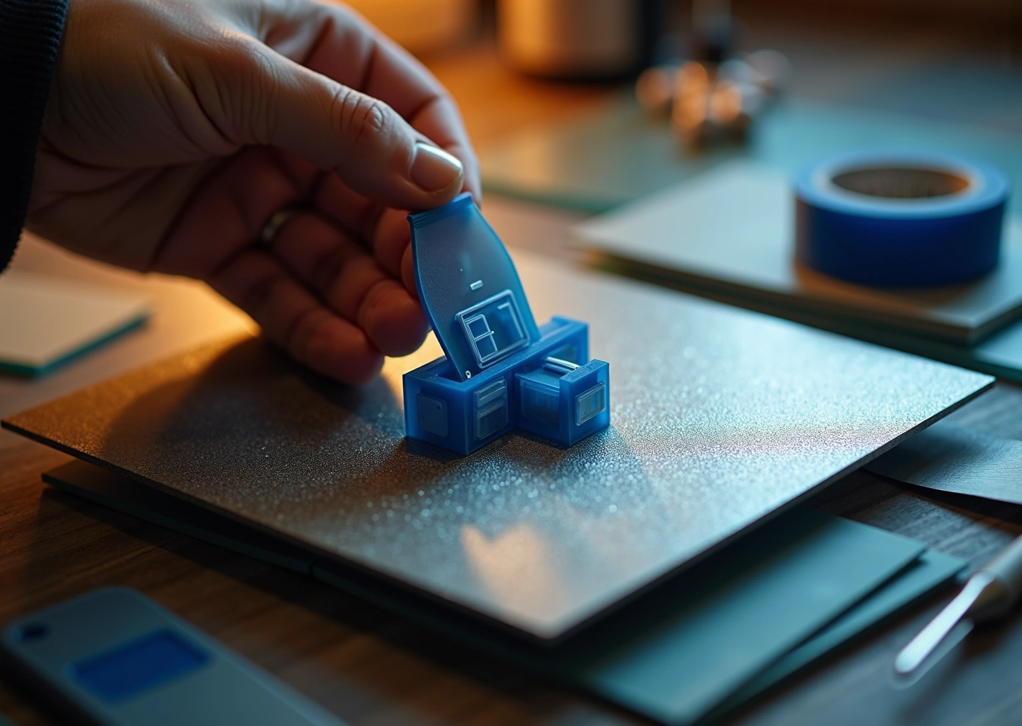 Фотография: рабочий стол FDM принтера с прилипшей моделью, гибкой магнитной подложкой, шпателем и образцами покрытий стола, иллюстрирующая процессы прилипания и снятия деталей