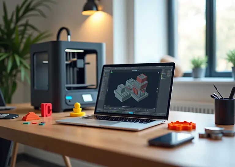 Рабочее место малого бизнеса с экраном 3D‑модели и слайсером, работающим 3D‑принтером и готовыми прототипами на столе