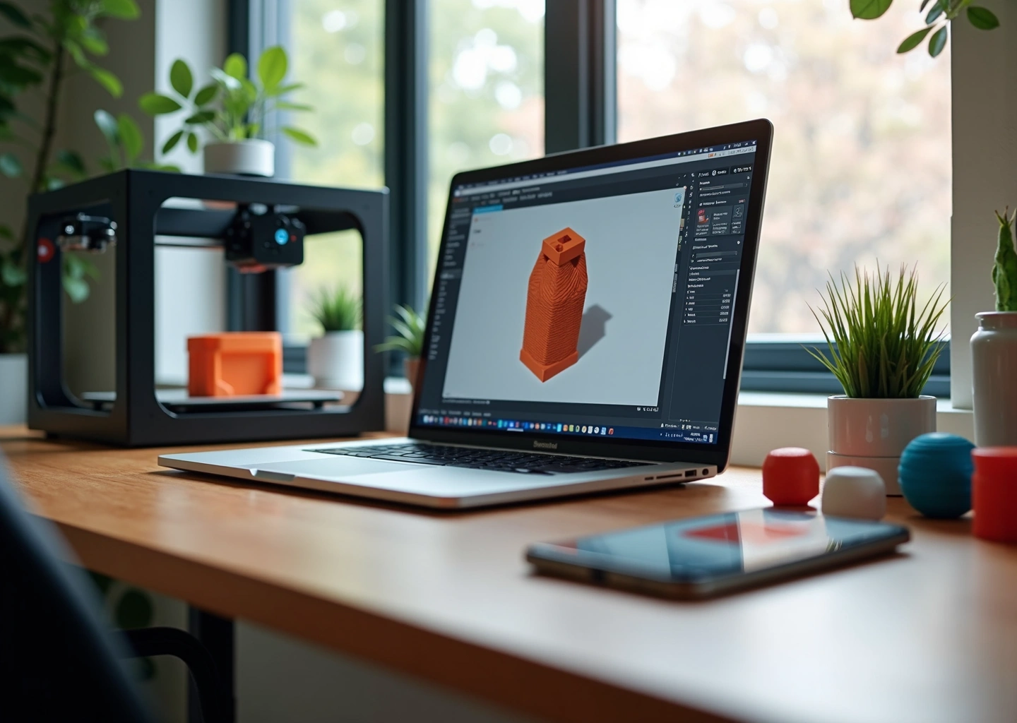 Рабочий стол с ноутбуком, открытым Fusion 360, 3D‑принтером и готовыми прототипами