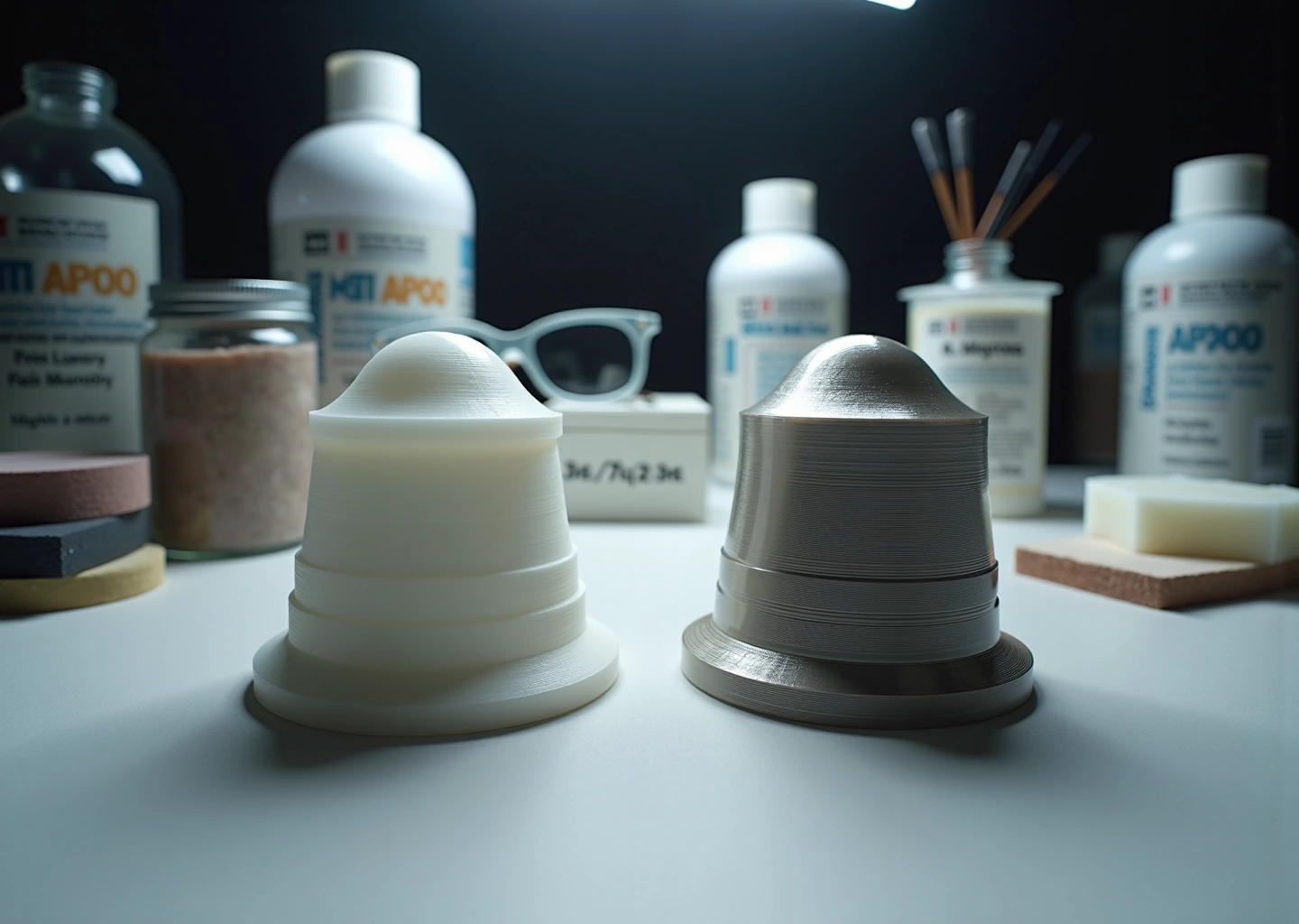 Два FDM‑изделия рядом: слоистая необработанная деталь и глянцевая отполированная деталь; рядом наждачная бумага, ротационный инструмент, банка с ацетоном, эпоксидная смола и средства защиты.