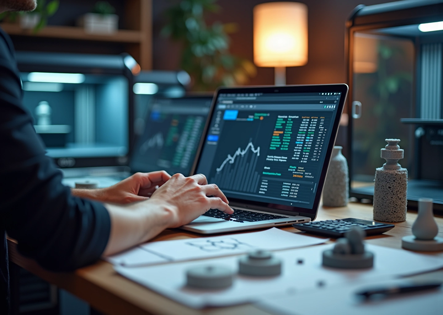 Мастер 3D печати за ноутбуком с таблицей расчётов, на фоне принтеры и готовые детали, визуализация расчёта цены заказа