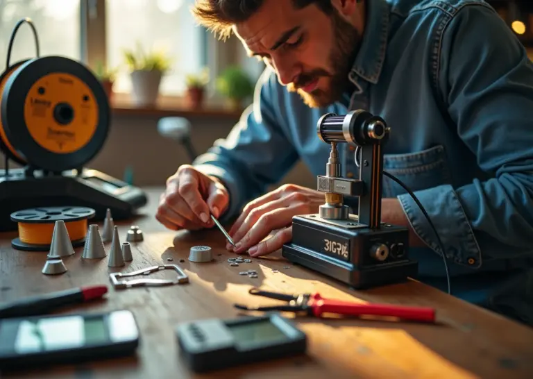 Техник ремонтирует FDM‑принтер на рабочем столе: крупный план хотэнда, стола и инструментов, катушка филамента и готовые тестовые детали на заднем плане