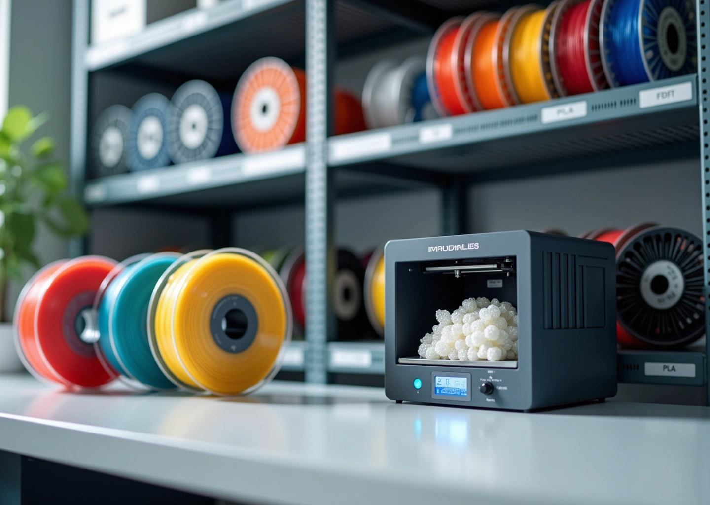 Мастерская 3D печати с катушками филамента, сушилкой, силикагелем и гигрометром на столе