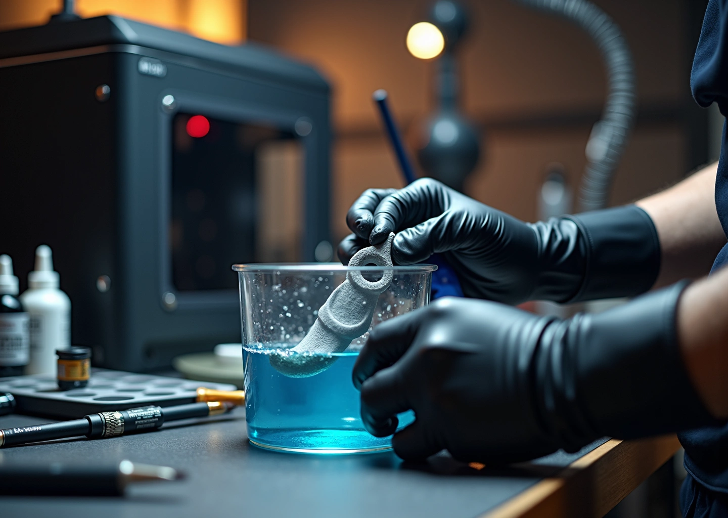 Рабочие руки в перчатках промывают фотополимерную модель рядом с УФ‑камерой и инструментами для покраски в мастерской 3D печати