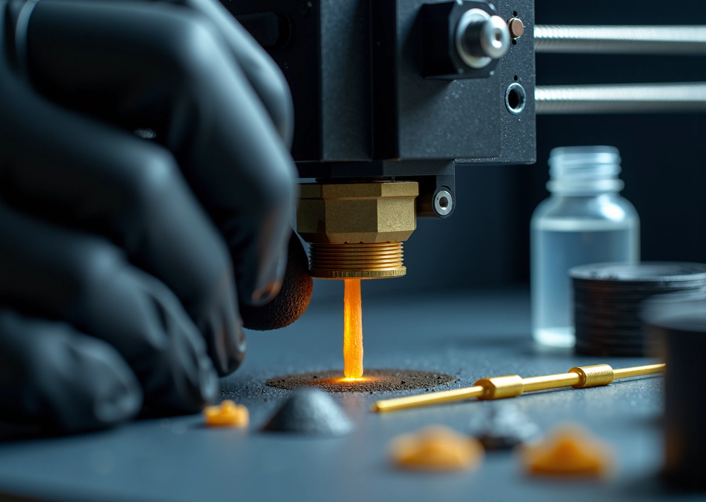 Крупный план сопла 3D‑принтера и инструментов для прочистки на рабочем столе малого производства