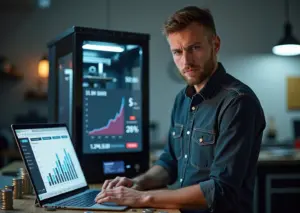 Владелец малого бизнеса у 3D‑принтера с ноутбуком на экране калькулятор окупаемости и напечатанные детали на столе