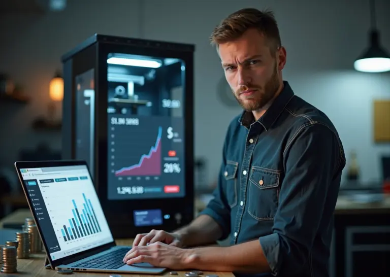 Владелец малого бизнеса у 3D‑принтера с ноутбуком на экране калькулятор окупаемости и напечатанные детали на столе