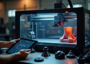 Высокоскоростной 3D‑принтер в работе, планшет с AI‑слайсером, катушки композитной нити и готовые детали на верстаке