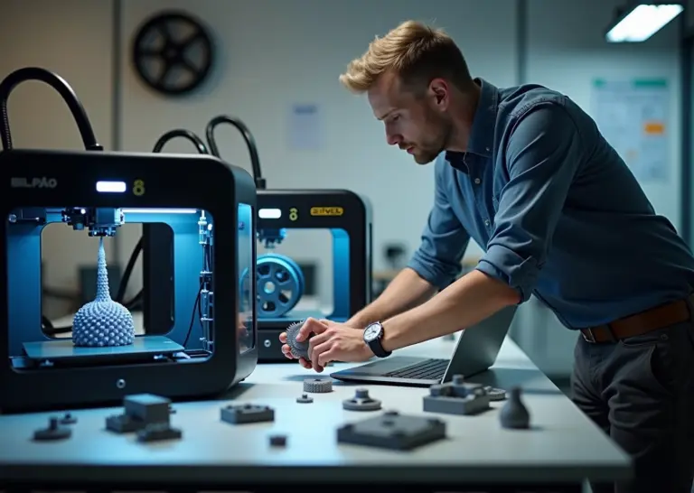 Два современных 3D принтера Bambu Lab P1S и Creality K1 на рабочем столе в мастерской, владелец малого бизнеса инспектирует напечатанный прототип, рядом готовые детали и ноутбук с слайсером