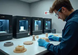 Фотография мастерской малого бизнеса с тремя фотополимерными 3D принтерами (SLA, DLP, LCD), напечатанными ювелирными и стоматологическими деталями на столе, техник в СИЗ держит отверждённую деталь