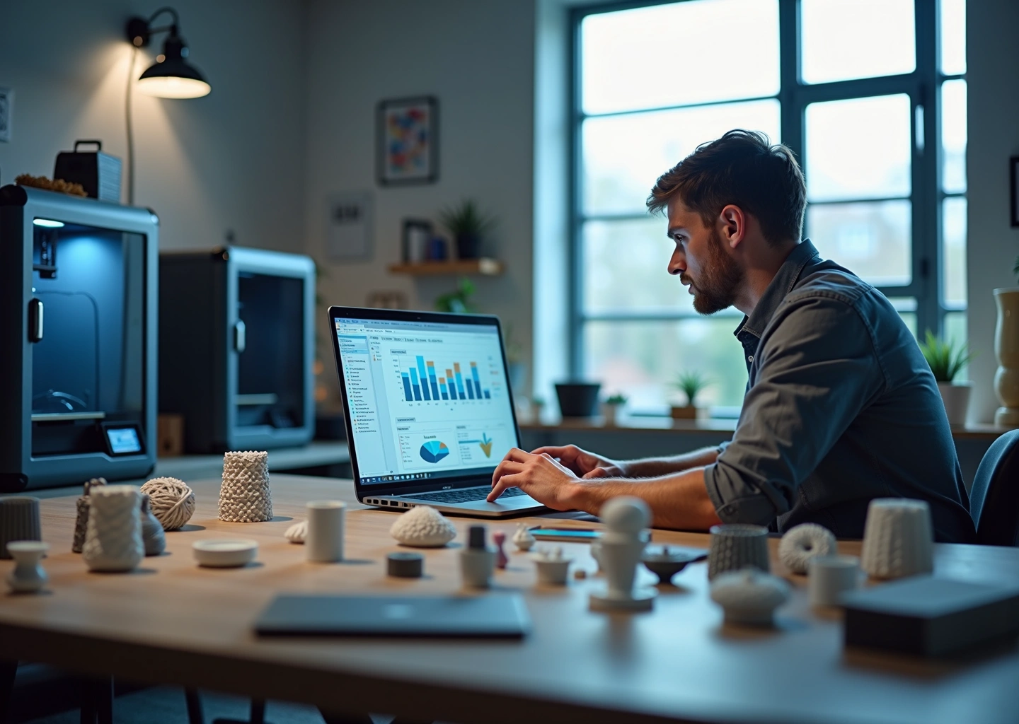 Мастерская с 3D‑принтерами, оператор проверяет модель на ноутбуке, готовые изделия и упаковка на столе