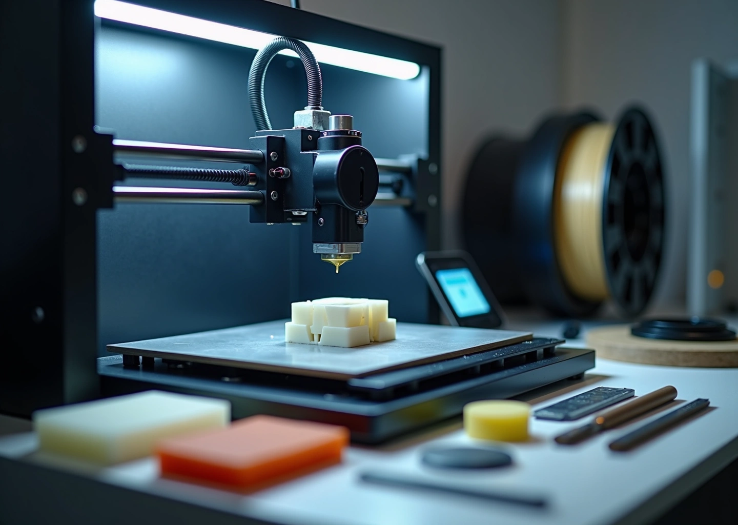 Настольный FDM принтер печатает высокоточное изделие на фоне инструментов и образцов готовых деталей