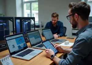 Три экрана с интерфейсами слайсеров на столе в офисе, на заднем плане ферма 3D‑принтеров и человек, проверяющий напечатанные детали