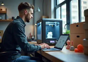 Сравнение собственного 3D‑принтера и профессионального сервиса в современном малом бизнесе: рабочая мастерская слева и выставка готовых деталей сервиса справа