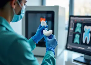 Техник в стоматологической лаборатории демонстрирует 3D‑напечатанный хирургический шаблон и временную коронку на фоне работающего 3D‑принтера и CAD‑монитора