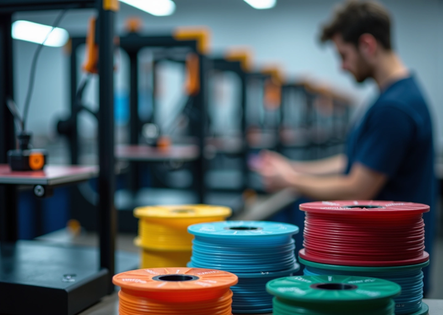 Цех 3D печати с шпулями филамента BestFilament REC FDPlast и рабочим, проверяющим деталь.