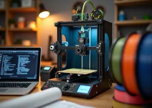 3D‑принтер в мастерской с директ‑экструдером, BLTouch и тихой платой на фоне катушек филамента и ноутбука