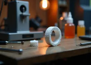Рабочая станция ювелира с 3D‑печатной мастер‑моделью кольца, литейным деревом и SLA‑принтером на заднем плане