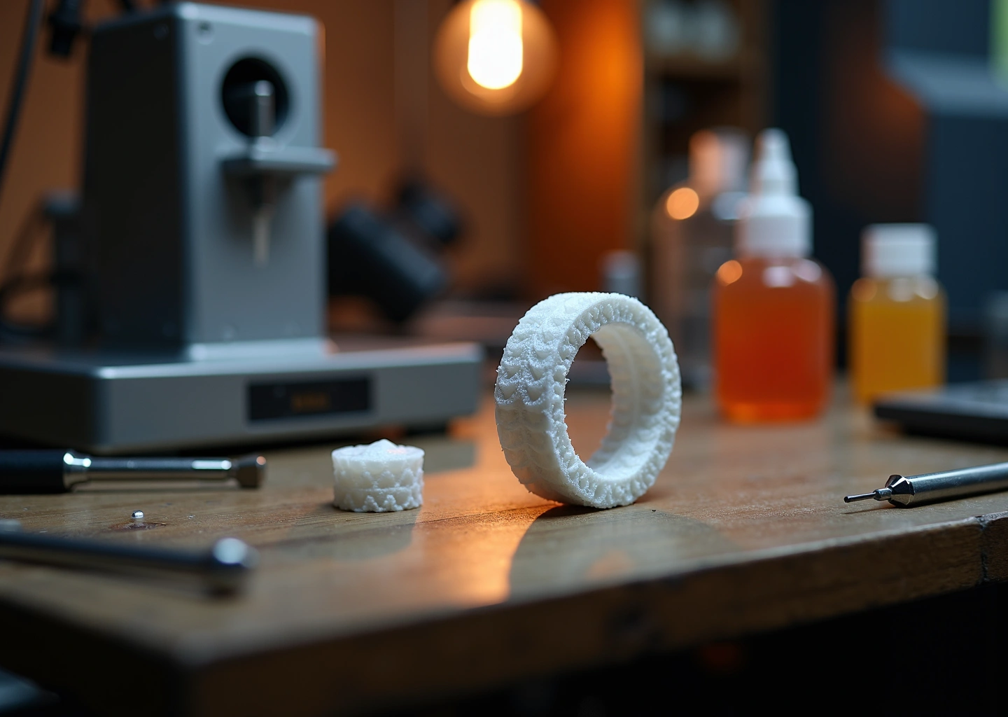 Рабочая станция ювелира с 3D‑печатной мастер‑моделью кольца, литейным деревом и SLA‑принтером на заднем плане