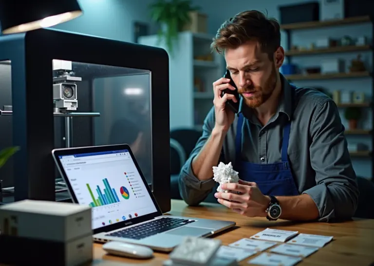 Мастерская 3D‑печати с работающим принтером, образцами деталей и ноутбуком с аналитикой — иллюстрация продвижения услуг 3D‑печати