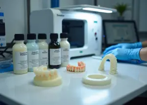 Рабочий стол с флаконами фотополимерных смол SLA‑принтером напечатанными ювелирными стоматологическими и инженерными моделями UV‑камера для постотверждения и средства защиты