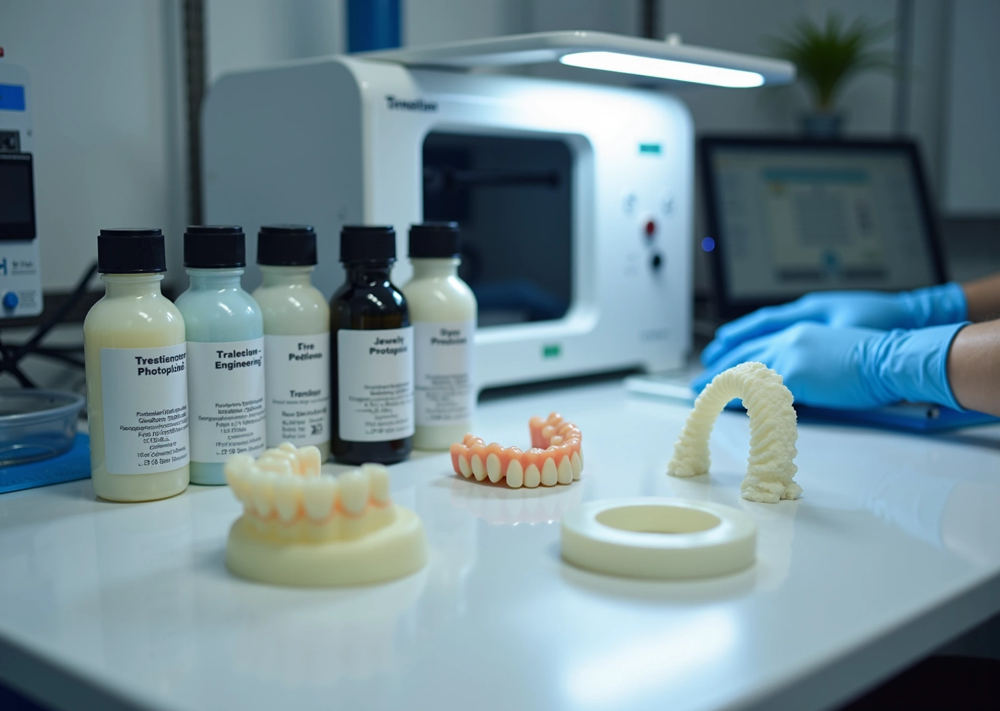 Рабочий стол с флаконами фотополимерных смол SLA‑принтером напечатанными ювелирными стоматологическими и инженерными моделями UV‑камера для постотверждения и средства защиты