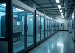 Организованное рабочее место для 3D‑принтера: закрытый принтер в боксе, локальная вытяжка с HEPA и угольным фильтром, хранение филамента и средства защиты на виду.