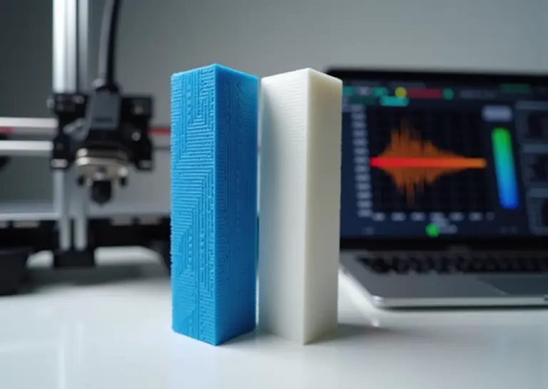 Сравнение стенок 3D печати: видимы волны ghosting рядом с идеальной поверхностью, экструдeр принтера, акселерометр и график вибраций на ноутбуке