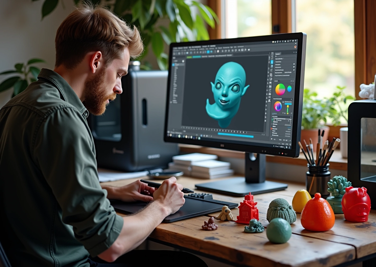 Небольшая мастерская по 3D‑печати: скульптор за планшетом с интерфейсами ZBrush и Blender на экранах, на столе готовые сувениры из смолы и пластика, принтеры на заднем плане, инструменты постобработки