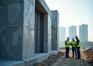 Мобильный строительный 3D‑принтер на площадке возводит напечатанную секцию стены, рабочие обсуждают процесс на фоне российских новостроек