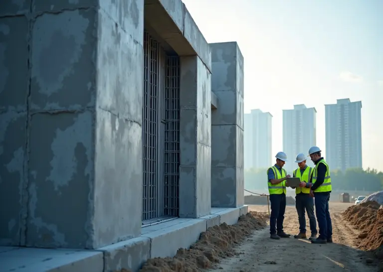 Мобильный строительный 3D‑принтер на площадке возводит напечатанную секцию стены, рабочие обсуждают процесс на фоне российских новостроек